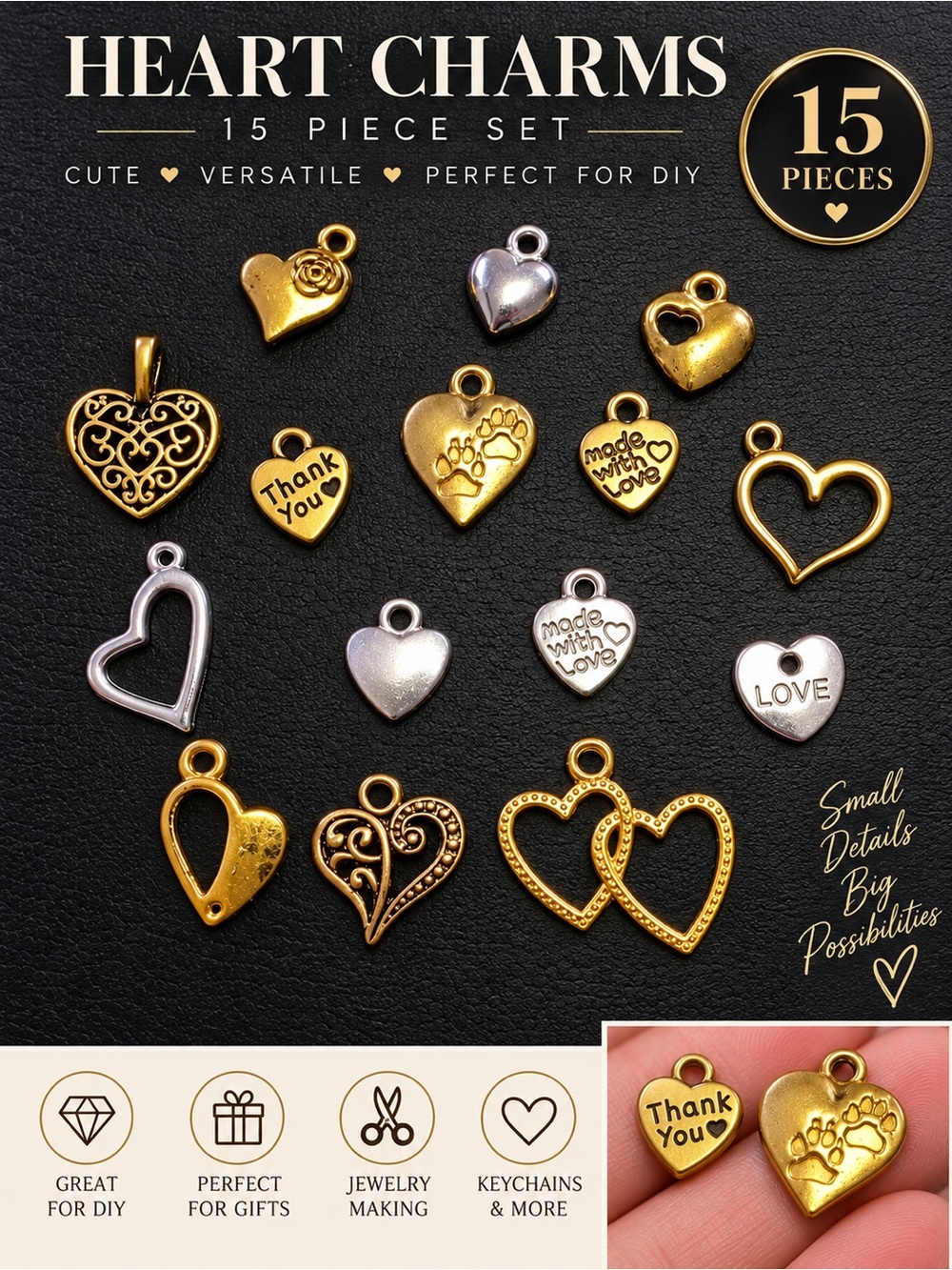 Heart Charms 15-Piece Set - Gold & Silver Heart Jewelry Charms for Women